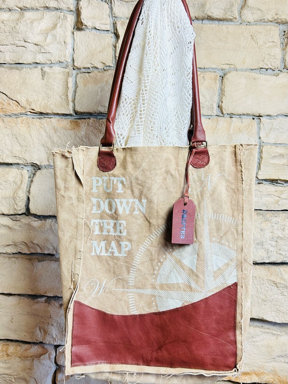 Put Down The Map Canvas Tote Bag with Brown Leather Trim